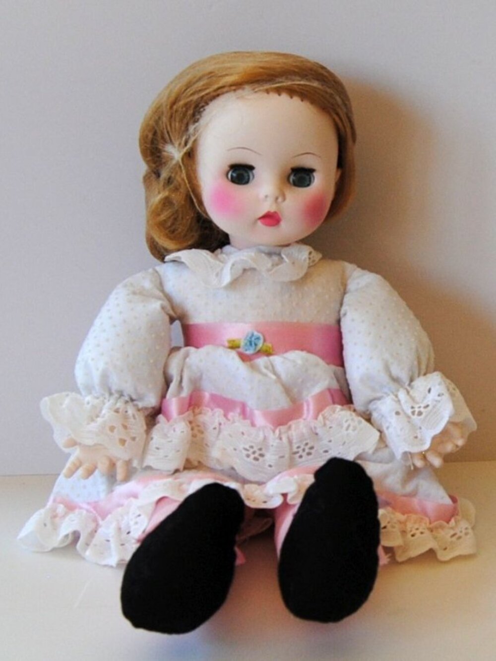 1970 Horsman Doll Open/Close Blue Eyes Cloth Body White Pink Dress Like New
